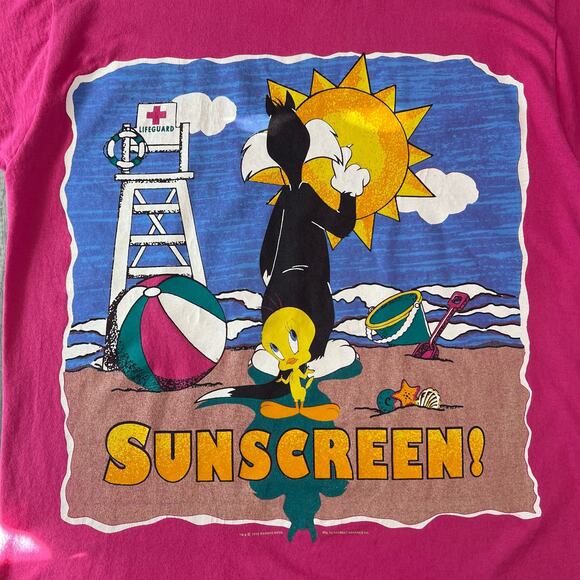 Vintage Tweety Bird Sylvester Cat Large Graphic Beach Sunscreen T-Shirt Pink XL - Picture 2 of 10